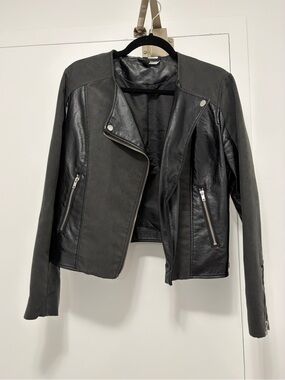 H&M Black Faux Leather Moto Jacket with Silver Hardware - Size 12